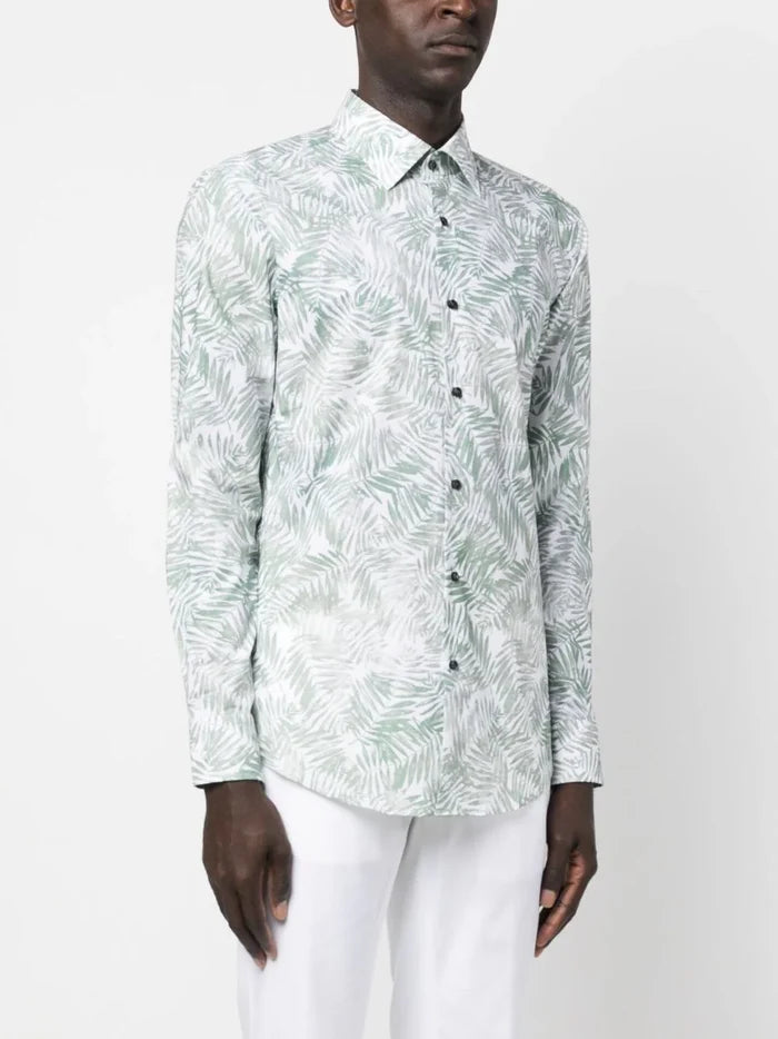 BOSS Leaf-print Long-sleeve Shirt Green/White - MAISONDEFASHION.COM