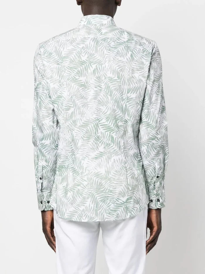 BOSS Leaf-print Long-sleeve Shirt Green/White - MAISONDEFASHION.COM