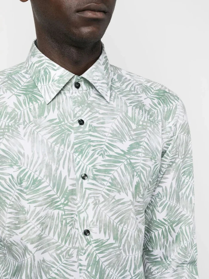 BOSS Leaf-print Long-sleeve Shirt Green/White - MAISONDEFASHION.COM