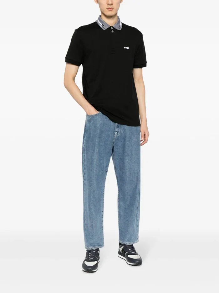 BOSS MEN Logo-embroidered Short-sleeved Polo Shirt Black - MAISONDEFASHION.COM