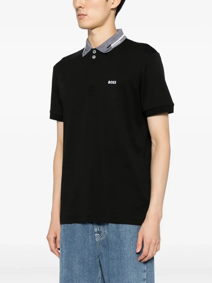 BOSS MEN Logo-embroidered Short-sleeved Polo Shirt Black - MAISONDEFASHION.COM