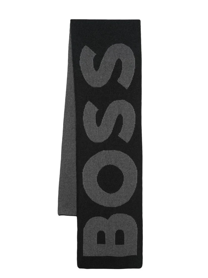 BOSS MEN Logo Intarsia knit Scarf Black - MAISONDEFASHION.COM