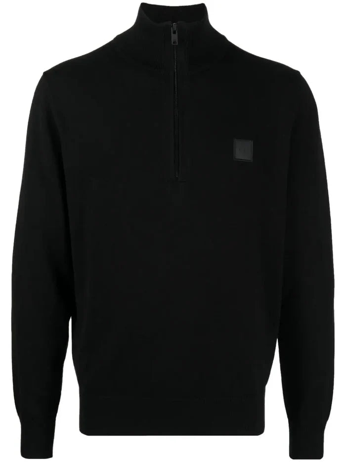 BOSS MEN Logo-patch Fine-knit Sweatshirt Black - MAISONDEFASHION.COM