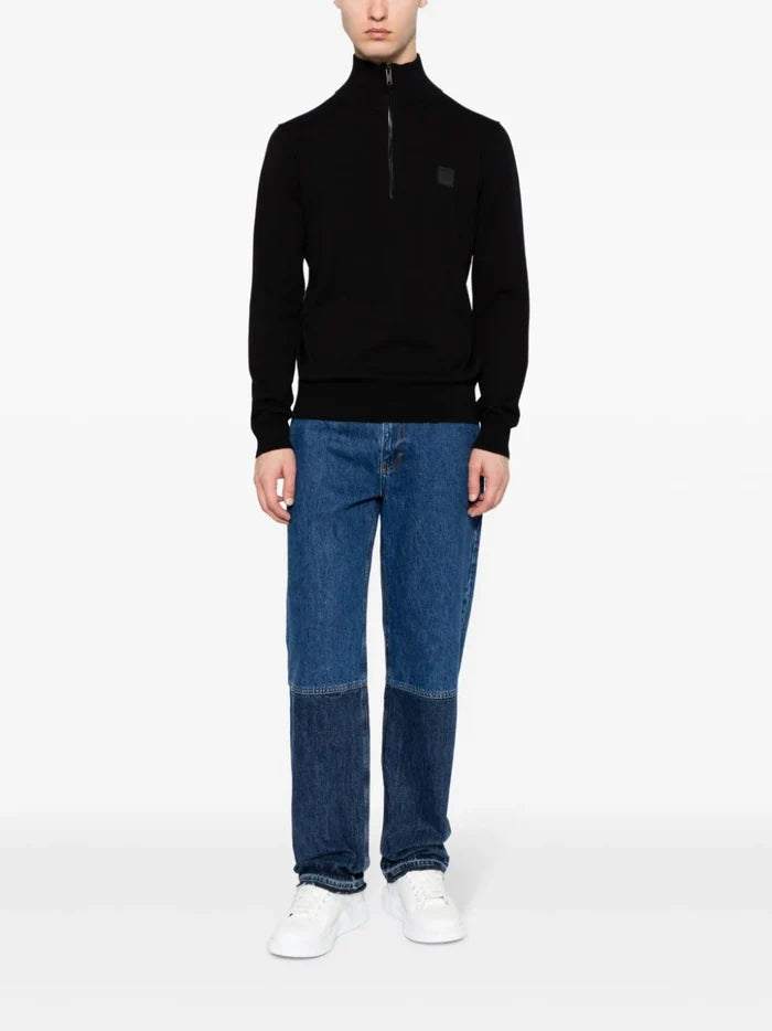 BOSS MEN Logo-patch Fine-knit Sweatshirt Black - MAISONDEFASHION.COM