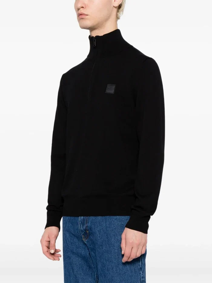 BOSS MEN Logo-patch Fine-knit Sweatshirt Black - MAISONDEFASHION.COM