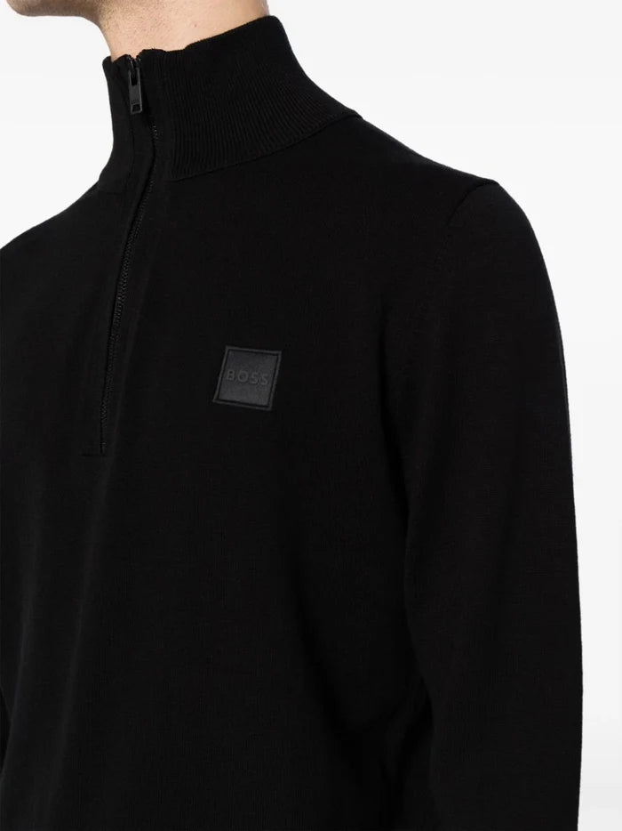 BOSS MEN Logo-patch Fine-knit Sweatshirt Black - MAISONDEFASHION.COM