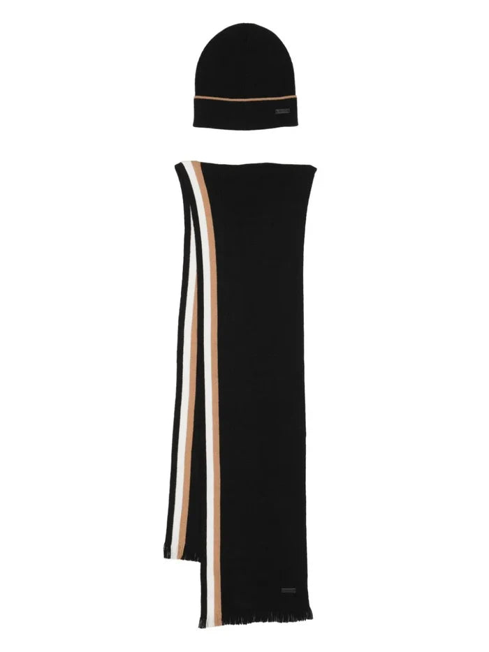 BOSS MEN Logo-Patch Striped Scarf And Knitted Beanie Set Black - MAISONDEFASHION.COM