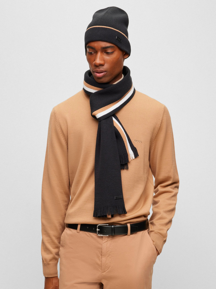 BOSS MEN Knitted Beanie and Scarf Set Black - MAISONDEFASHION.COM