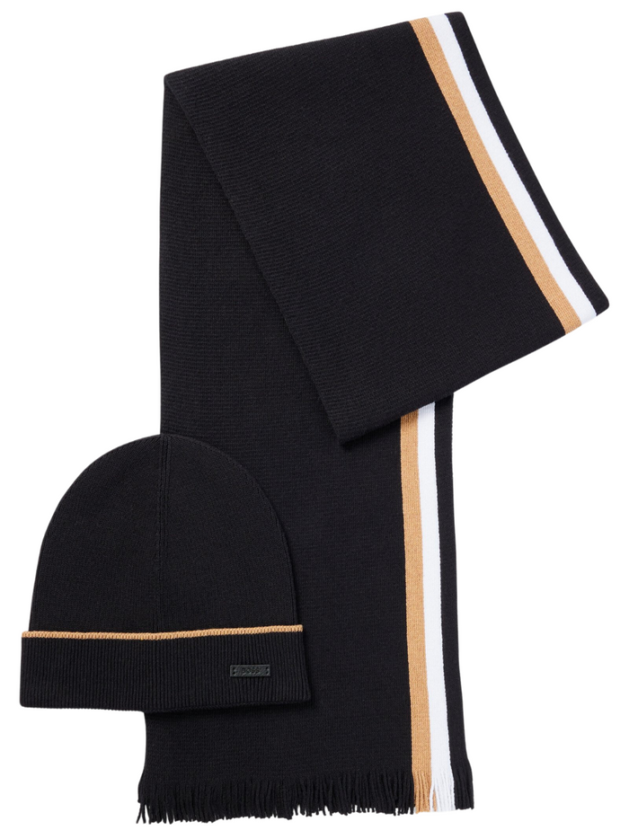BOSS MEN Knitted Beanie and Scarf Set Black - MAISONDEFASHION.COM