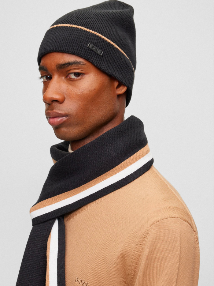 BOSS MEN Knitted Beanie and Scarf Set Black - MAISONDEFASHION.COM
