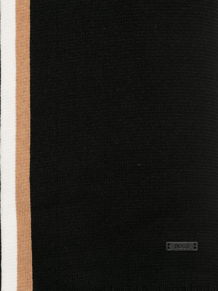 BOSS MEN Logo-Patch Striped Scarf And Knitted Beanie Set Black - MAISONDEFASHION.COM