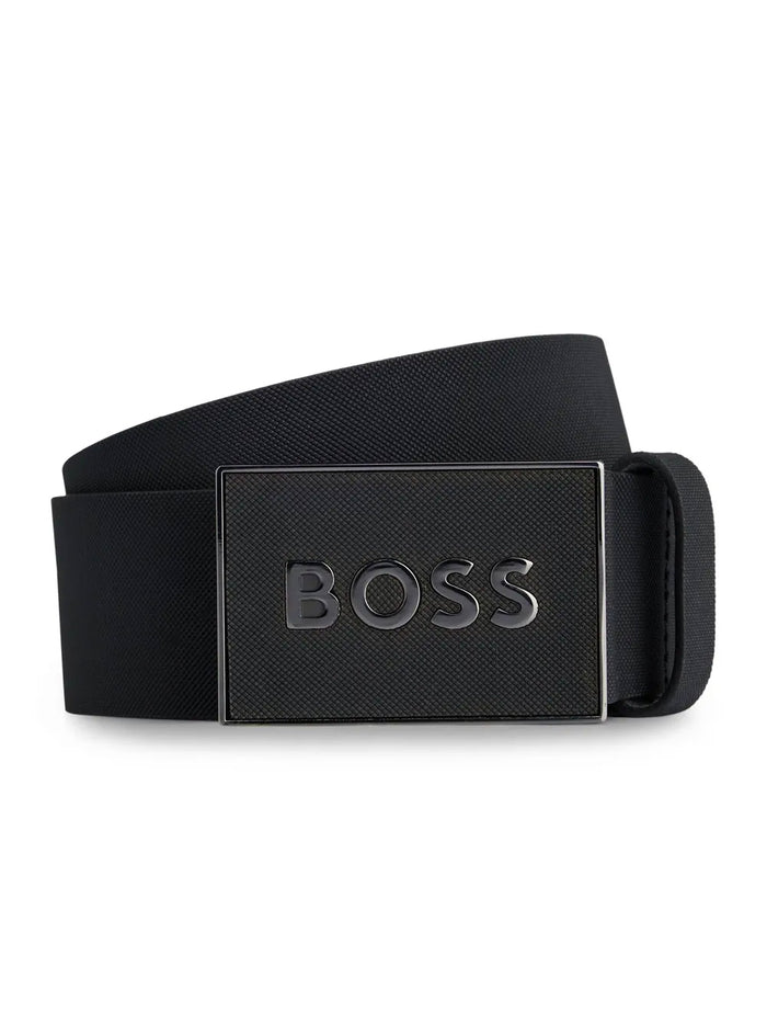 BOSS MEN Logo-plaque Leather Belt Black - MAISONDEFASHION.COM