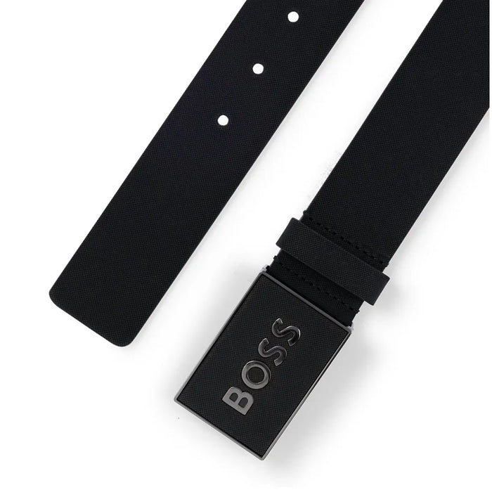 BOSS MEN Logo-plaque Leather Belt Black - MAISONDEFASHION.COM