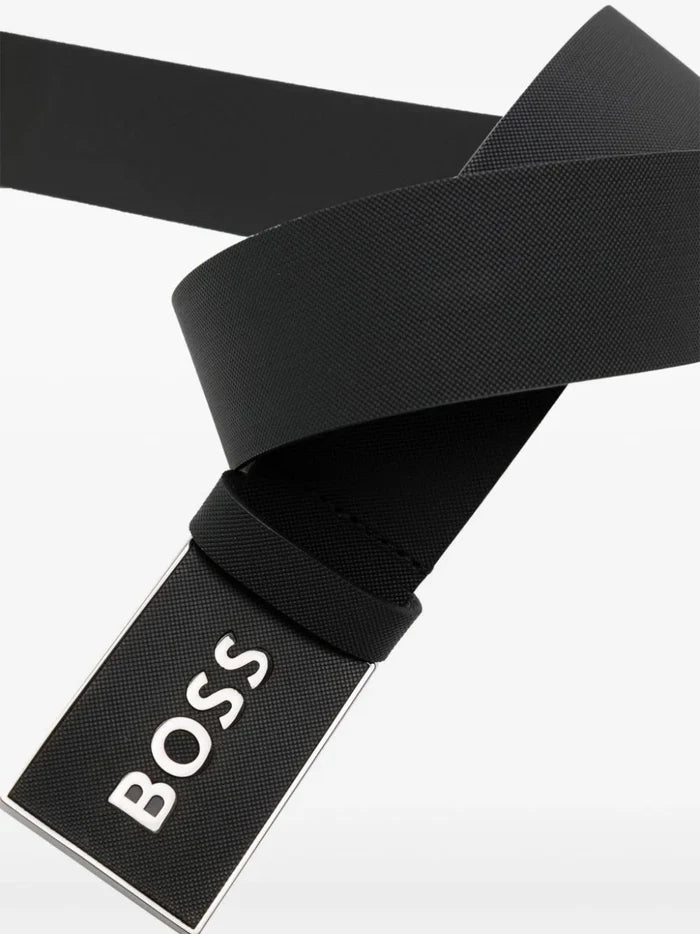 BOSS MEN Logo-Plaque Leather Belt Black - MAISONDEFASHION.COM