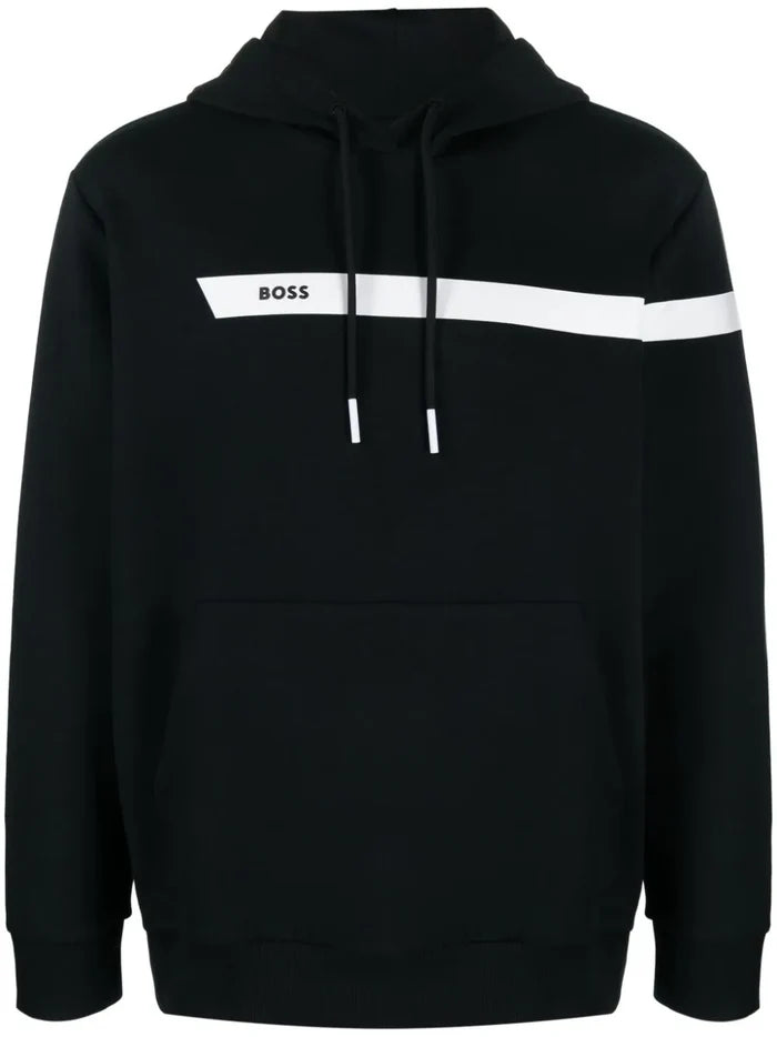 BOSS MEN Logo-print Cotton Blend Hoodie Black/White - MAISONDEFASHION.COM