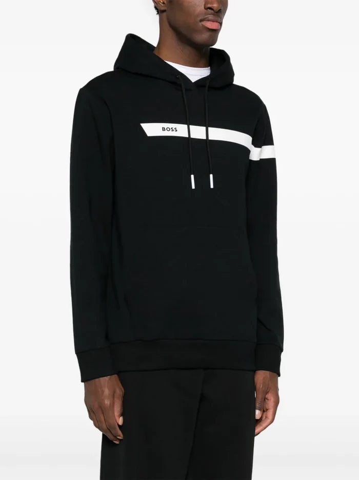 BOSS MEN Logo-print Cotton Blend Hoodie Black/White - MAISONDEFASHION.COM