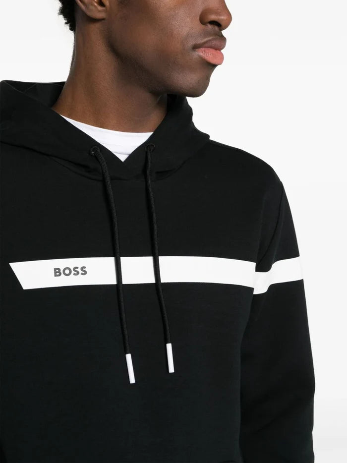 BOSS MEN Logo-print Cotton Blend Hoodie Black/White - MAISONDEFASHION.COM