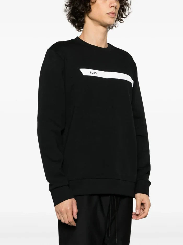 BOSS MEN Logo-print Stripe-detail Sweatshirt Black/White - MAISONDEFASHION.COM