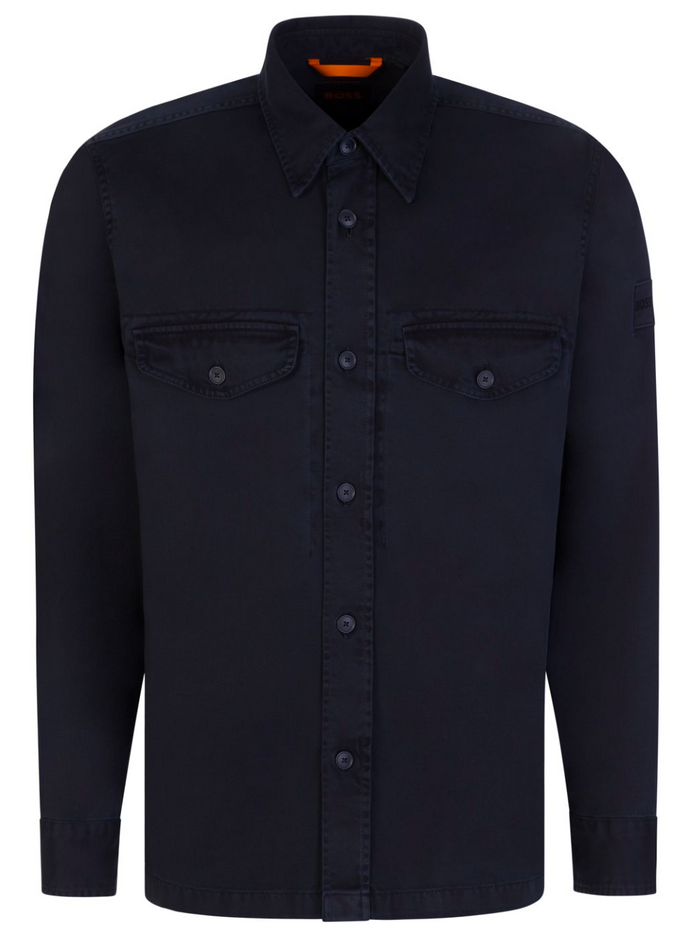 BOSS MEN Regular-fit Logo-embroidered Cotton Overshirt Jacket Dark Blue - MAISONDEFASHION.COM