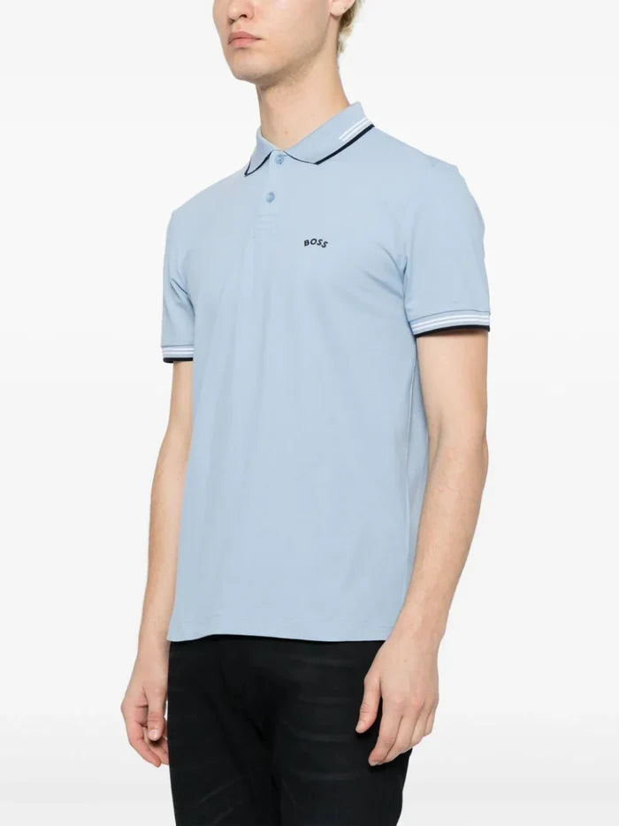 BOSS MEN Striped-Trim Cotton Short-sleeved Polo Shirt Open Blue - MAISONDEFASHION.COM