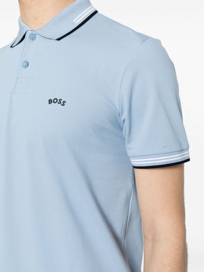 BOSS MEN Striped-Trim Cotton Short-sleeved Polo Shirt Open Blue - MAISONDEFASHION.COM