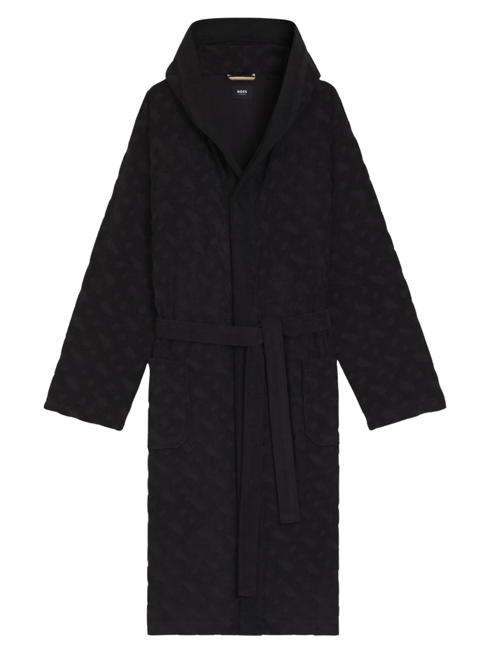 BOSS Monogram-Pattern Dressing Gown In Cotton-Blend Terry Black - MAISONDEFASHION.COM