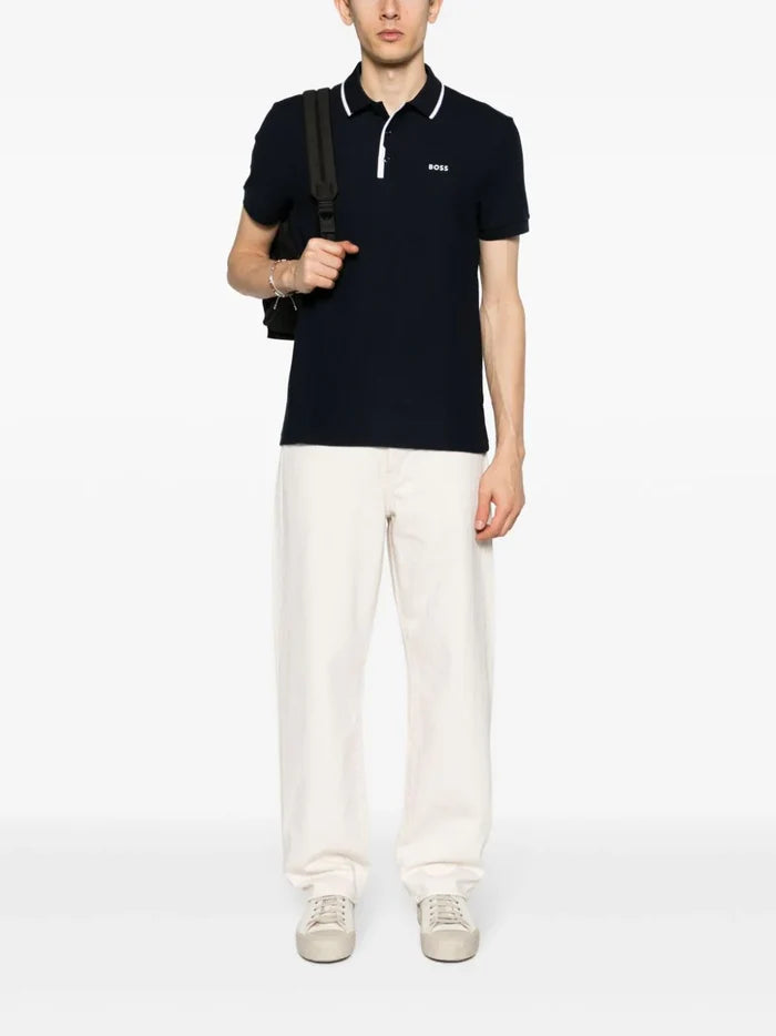 BOSS Paddy 2 Logo Print Pique Polo Shirt Dark Blue - MAISONDEFASHION.COM