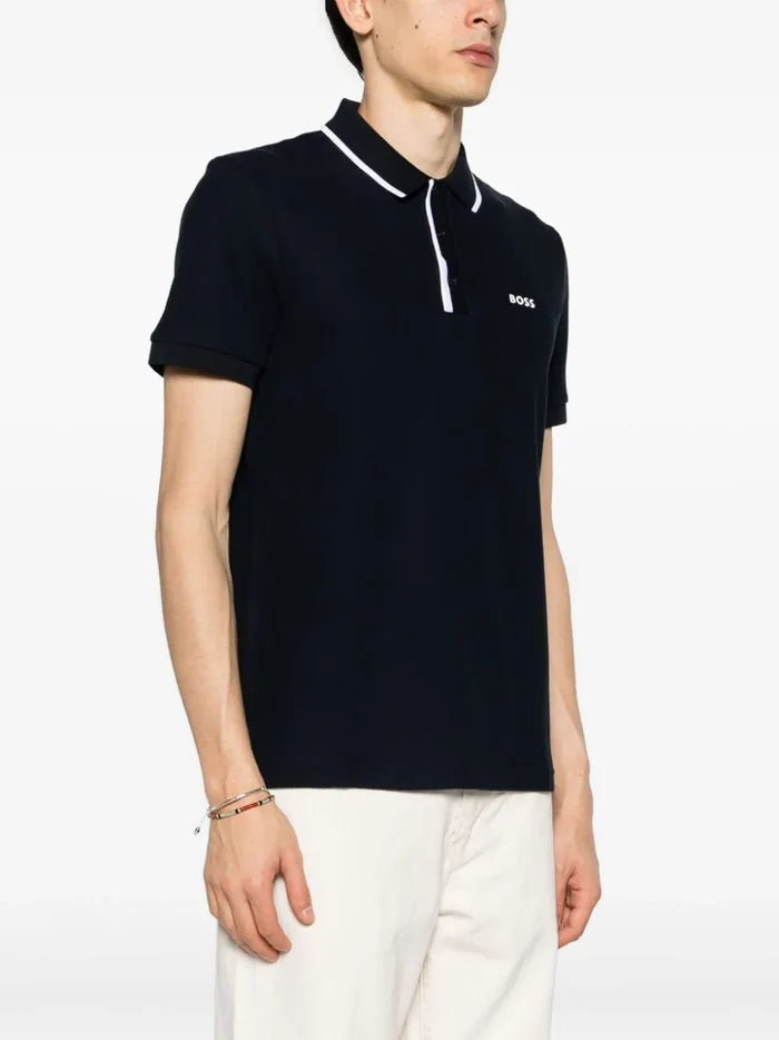 BOSS Paddy 2 Logo Print Pique Polo Shirt Dark Blue - MAISONDEFASHION.COM