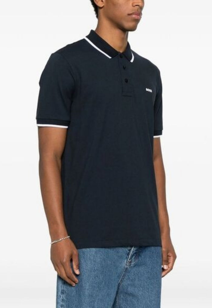 BOSS Parlay 190 Cotton-Piqué Polo Shirt With Contrast Tipping Dark Blue - MAISONDEFASHION.COM