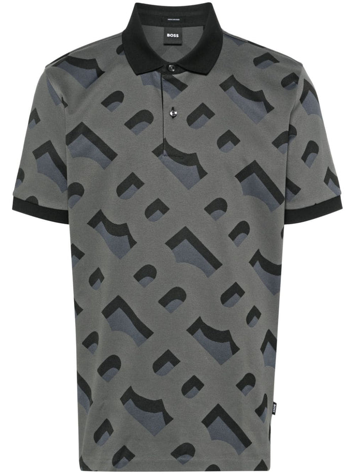 BOSS MEN Prout 419 Monogram Pattern Short Sleeve Polo Shirt Black - MAISONDEFASHION.COM