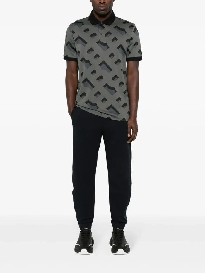 BOSS MEN Prout 419 Monogram Pattern Short Sleeve Polo Shirt Black - MAISONDEFASHION.COM