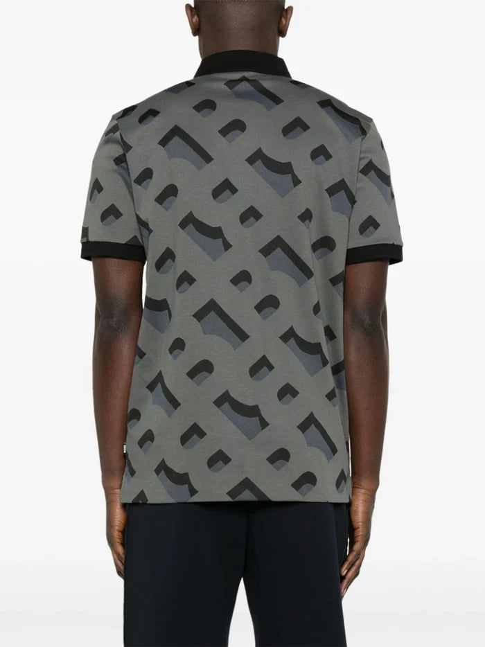 BOSS MEN Prout 419 Monogram Pattern Short Sleeve Polo Shirt Black - MAISONDEFASHION.COM