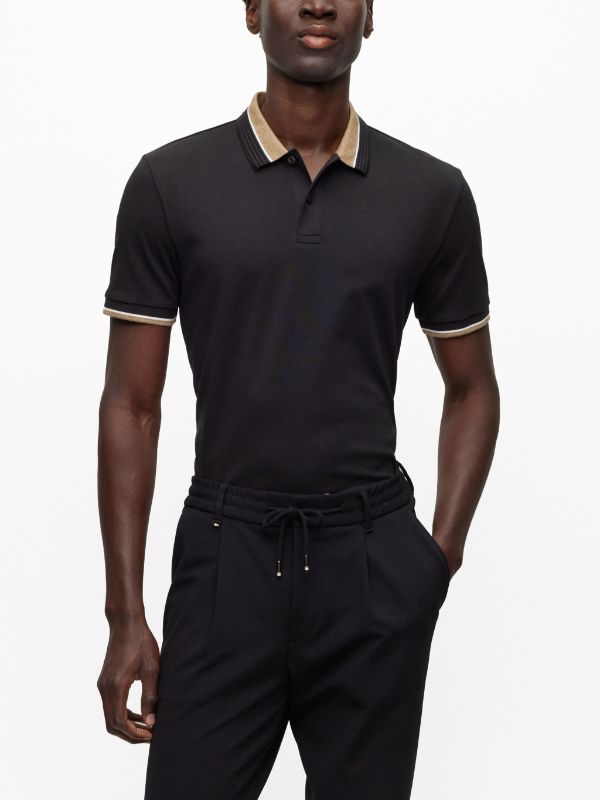 BOSS MEN Regular-fit Contrast-collar Cotton Polo Shirt Black - MAISONDEFASHION.COM