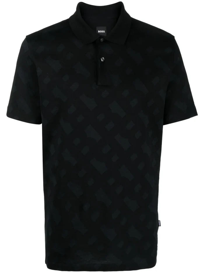 BOSS MEN Regular-fit Graphic-print Cotton Polo Shirt Black - MAISONDEFASHION.COM
