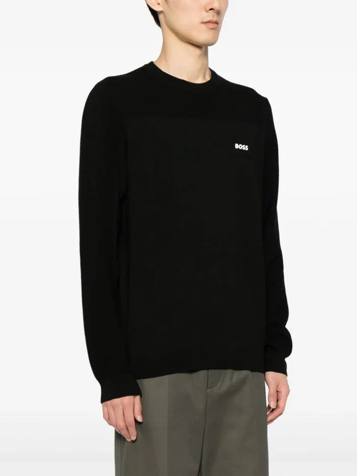 BOSS MEN Regular-fit Logo-print Ribbed Jumper Black - MAISONDEFASHION.COM