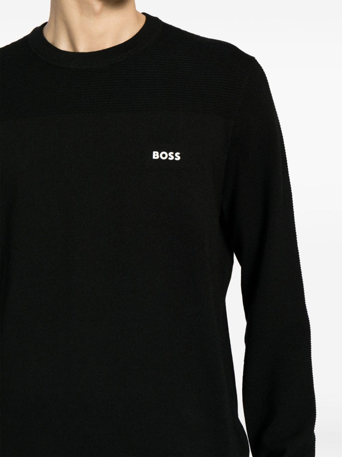 BOSS MEN Regular-fit Logo-print Ribbed Jumper Black - MAISONDEFASHION.COM