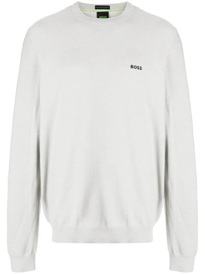 BOSS MEN Regular-fit Logo-print Ribbed Jumper Open Grey - MAISONDEFASHION.COM