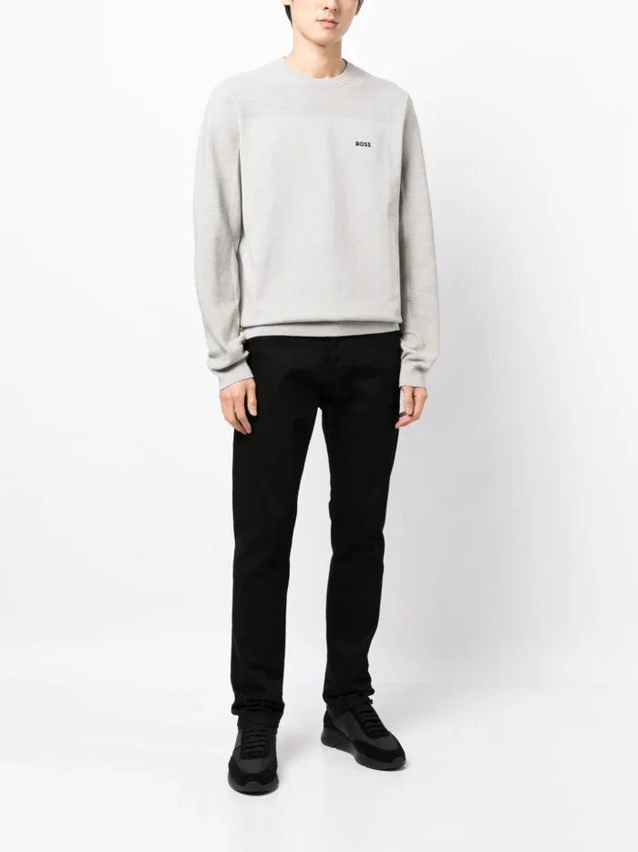 BOSS MEN Regular-fit Logo-print Ribbed Jumper Open Grey - MAISONDEFASHION.COM
