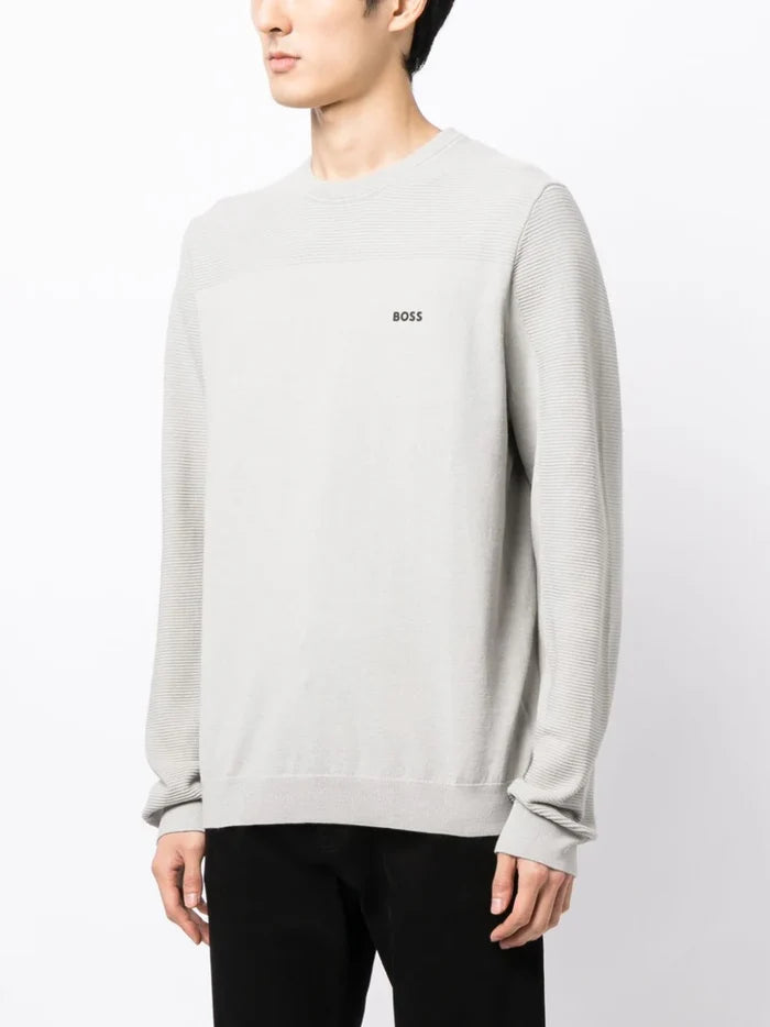 BOSS MEN Regular-fit Logo-print Ribbed Jumper Open Grey - MAISONDEFASHION.COM