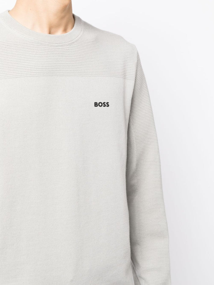 BOSS MEN Regular-fit Logo-print Ribbed Jumper Open Grey - MAISONDEFASHION.COM