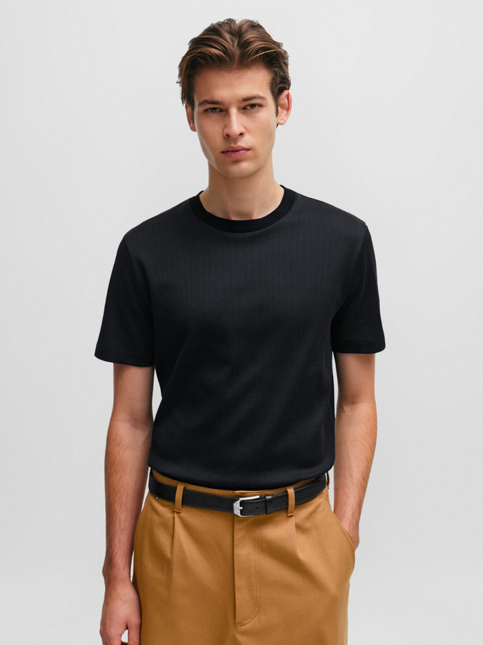 BOSS MEN Regular-fit Tiburt Structured Cotton T-Shirt Black - MAISONDEFASHION.COM