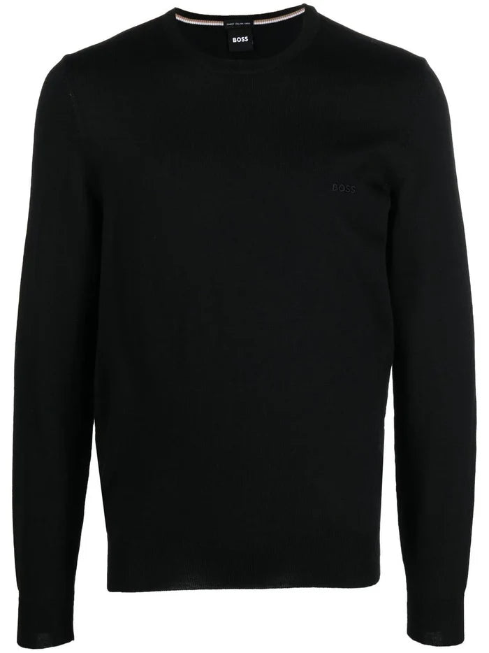 BOSS MEN Relaxed-fit Crewneck Virgin Wool Jumper Black - MAISONDEFASHION.COM