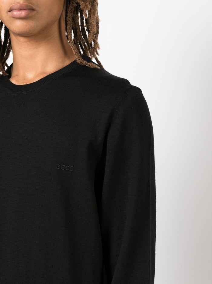 BOSS MEN Relaxed-fit Crewneck Virgin Wool Jumper Black - MAISONDEFASHION.COM