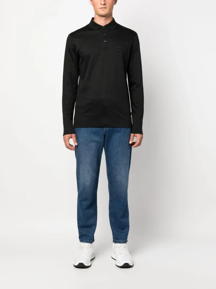 BOSS MEN Relaxed-fit Long-sleeved Cotton Polo Shirt Black - MAISONDEFASHION.COM