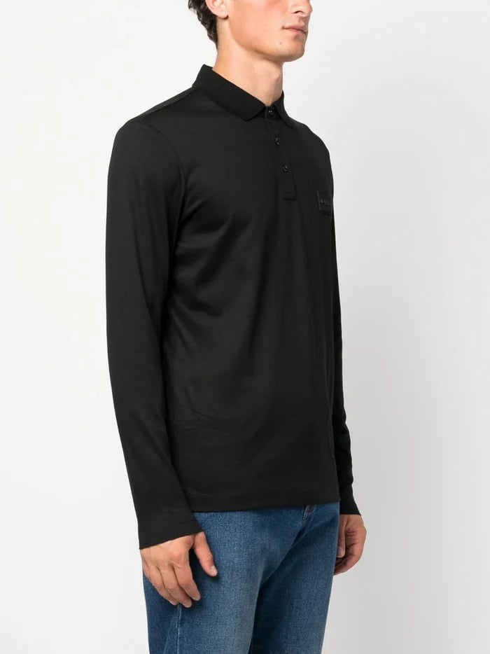 BOSS MEN Relaxed-fit Long-sleeved Cotton Polo Shirt Black - MAISONDEFASHION.COM