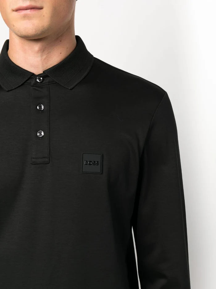 BOSS MEN Relaxed-fit Long-sleeved Cotton Polo Shirt Black - MAISONDEFASHION.COM