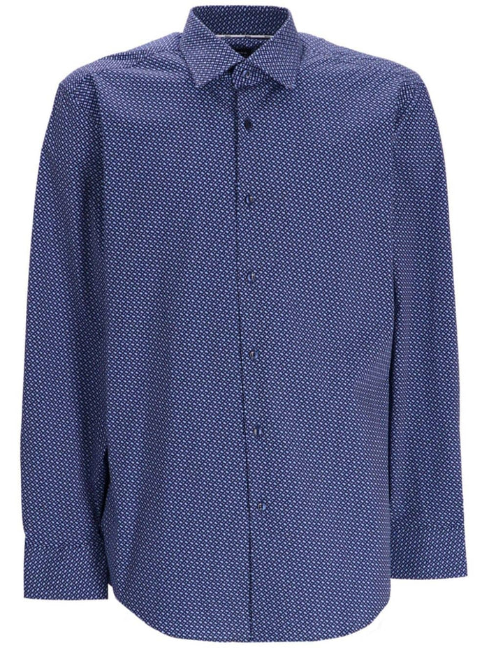 BOSS MEN Slim-fit Geometric-print Cotton Shirt Navy - MAISONDEFASHION.COM