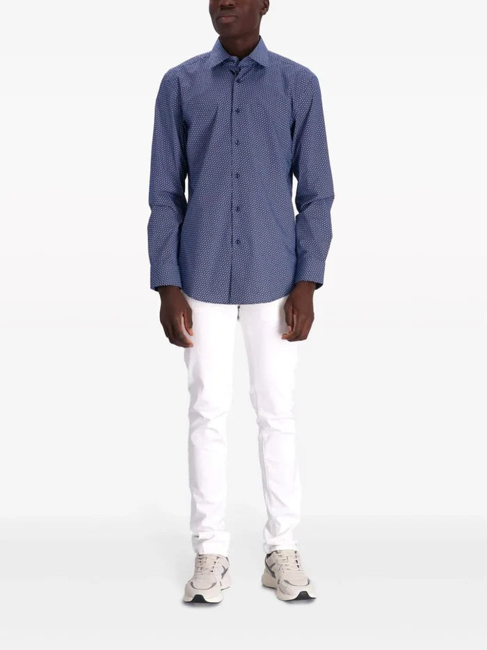 BOSS MEN Slim-fit Geometric-print Cotton Shirt Navy - MAISONDEFASHION.COM