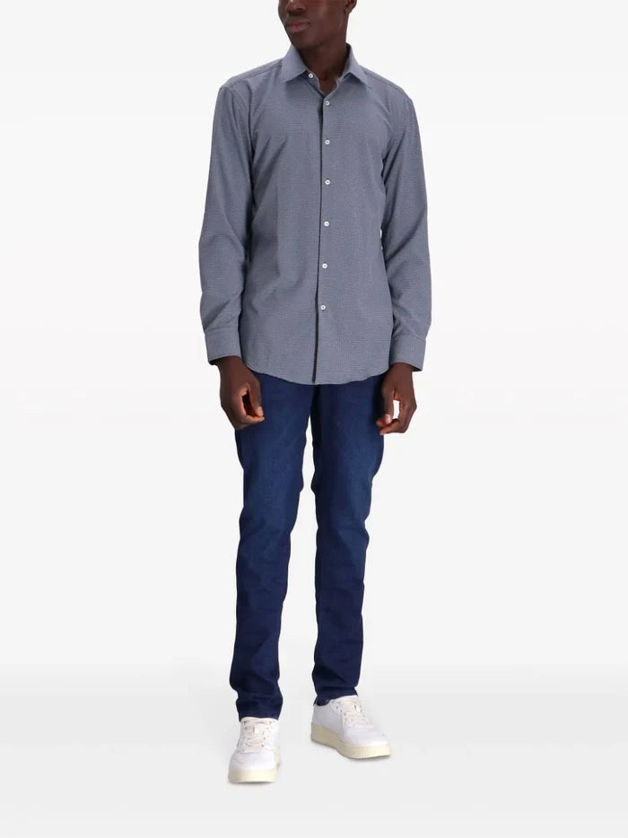 BOSS MEN Slim-fit Long-sleeved Cotton Shirt Dark Blue - MAISONDEFASHION.COM