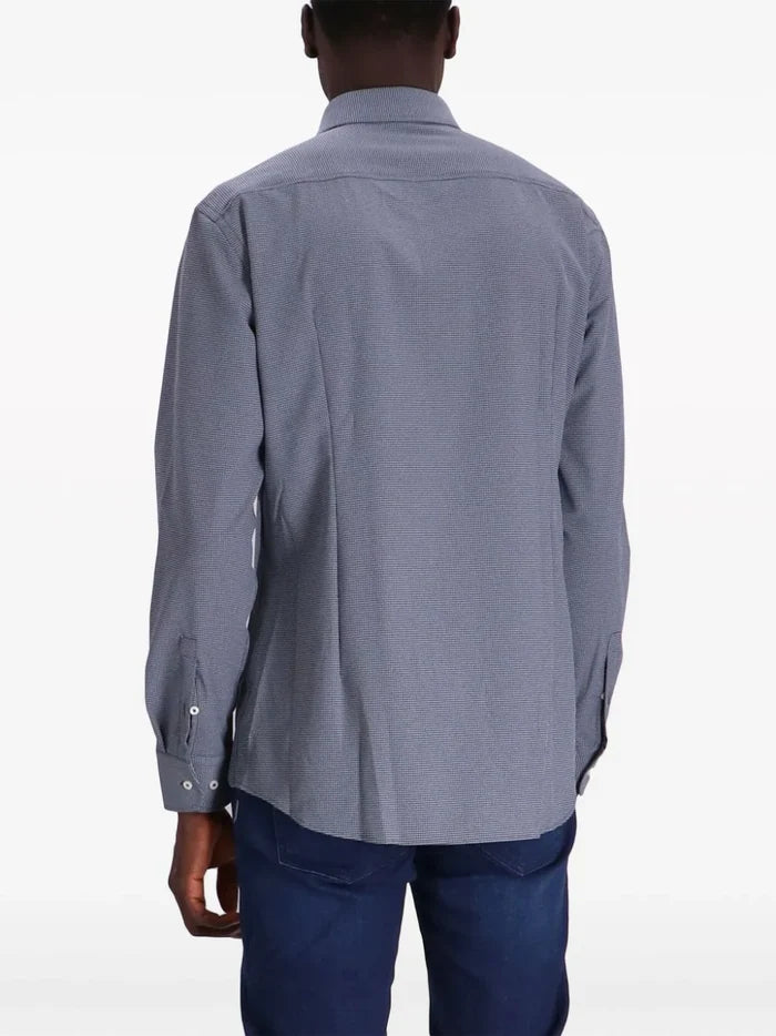 BOSS MEN Slim-fit Long-sleeved Cotton Shirt Dark Blue - MAISONDEFASHION.COM